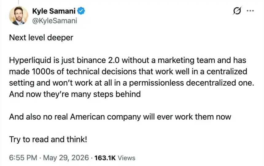 Kyle Samani's critique regarding Hyperliquid